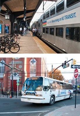 Collage - NJ Transit train at station and bus on street
