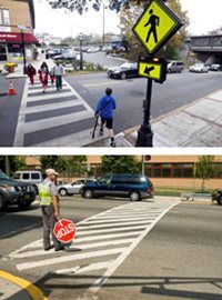 two pictures: pedestrians in crosswalk and crossing guard in crosswalk