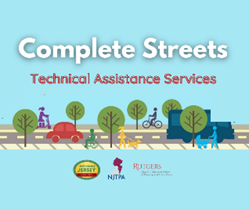 Complete Streets Technical Assistance graphic showing people walking, biking and cars driving by