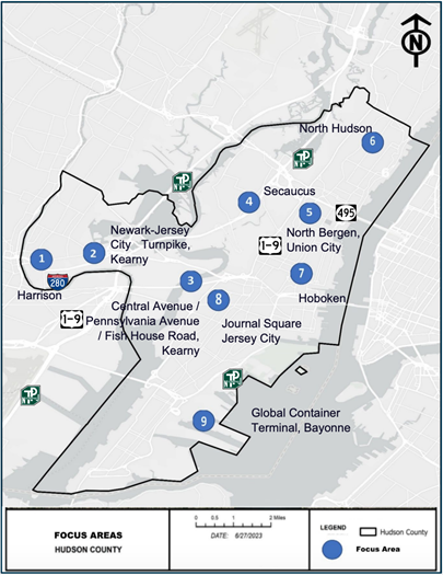 Map of 9 focus areas of Hudson County Truck Assessment