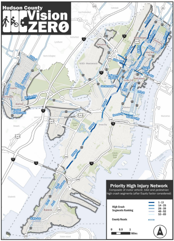 Hudson County Vision Zero map of High Injury Network roads