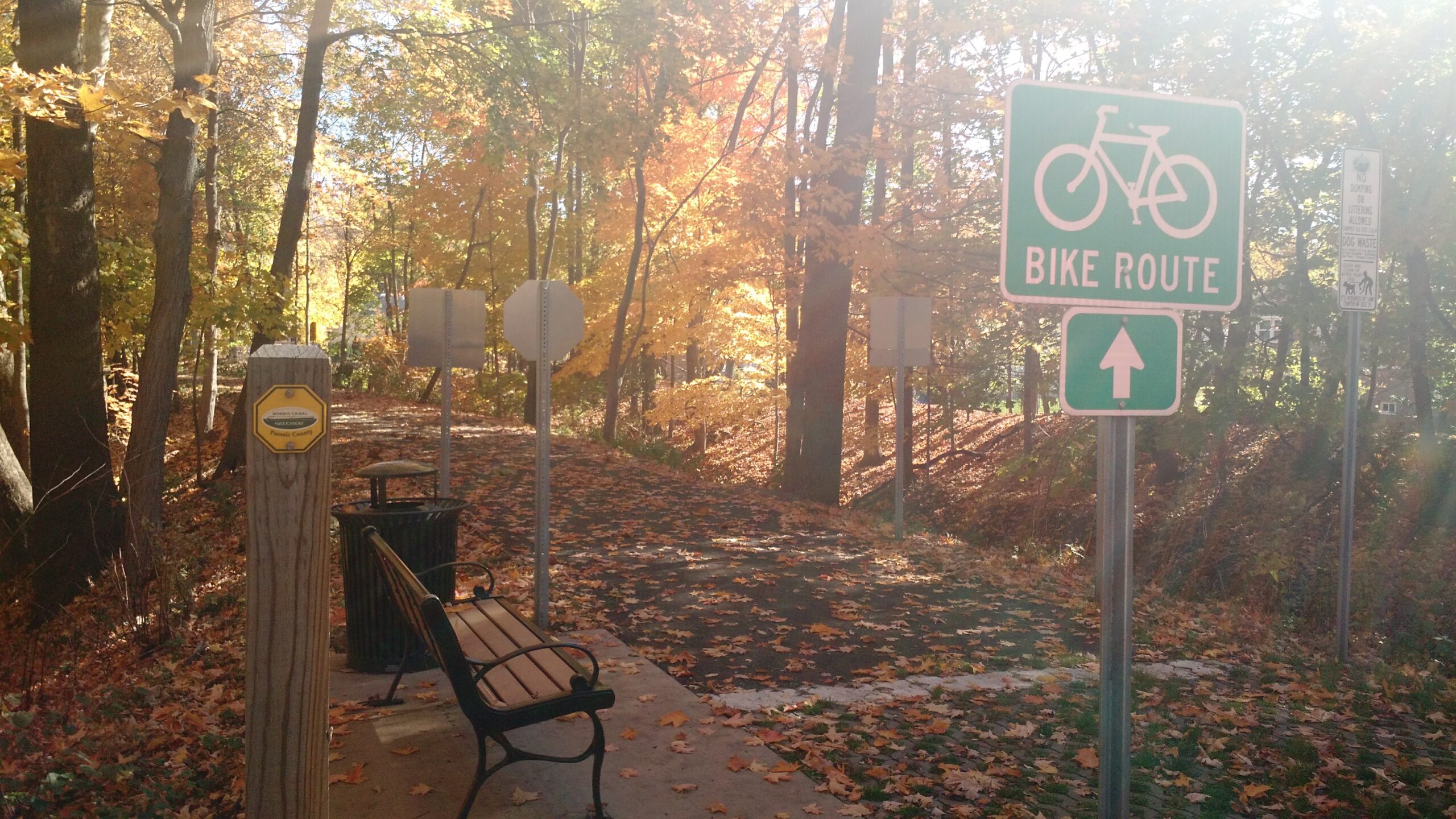 A picture of a paved trail in Passaic County with a bench alongside and trees with leaves changing color for fall.