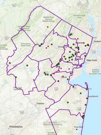 Map of the NJTPA's 13-county region showing dots where Safe Routes to School projects are planned or have been completed.