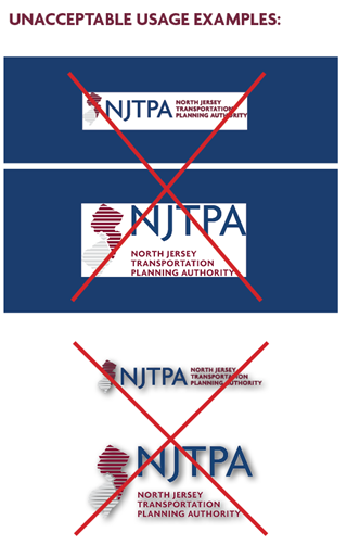 Unnacceptable usage examples include adding the logo in a white box over a color tint, or adding shadows or other graphic devices to the logo.