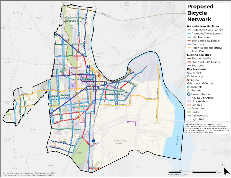 Map of proposed bicycle network within Newark, NJ