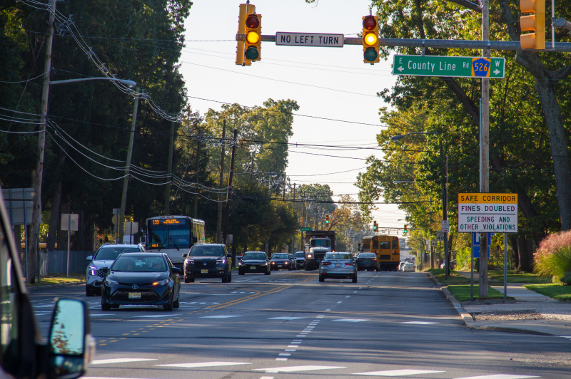 Cars approach yellow light at County Line Road in Lakewood, Ocean County, NJ