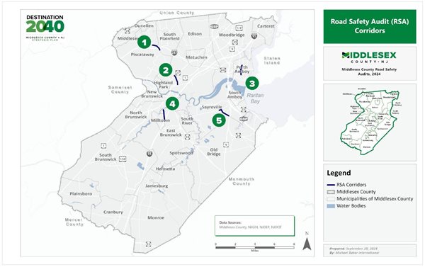 Corridor map of Middlesex County with 5 high injury roads identified