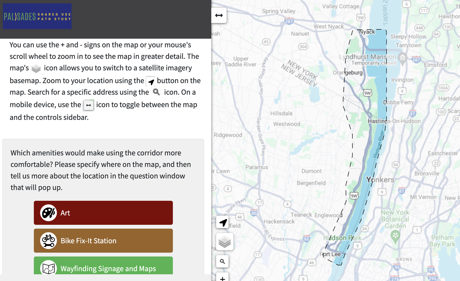 Screenshot of Palisades Shared Use Path Study interactive map