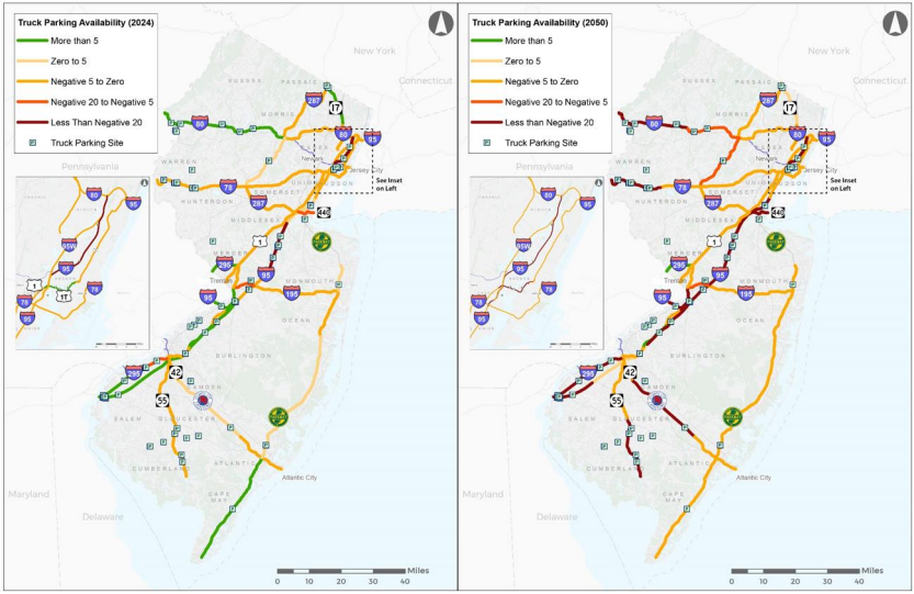 Map of New Jersey with current and projected truck parking availability