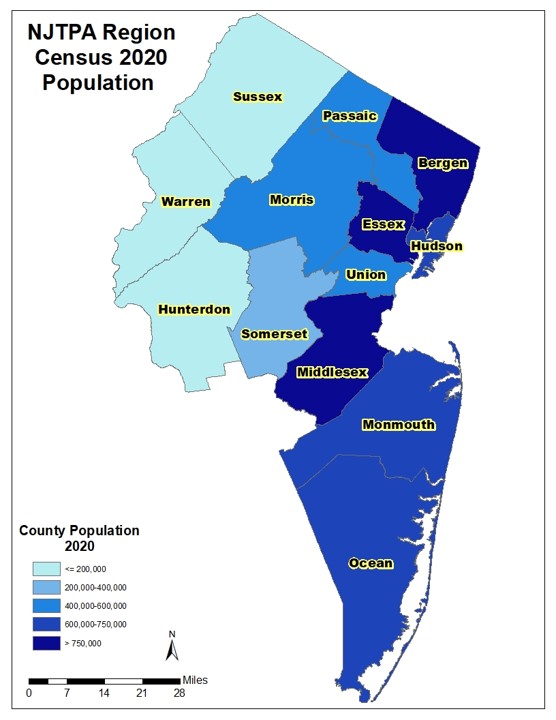Map of the NJTPA region. Counties are different shades of blue to represent population density.