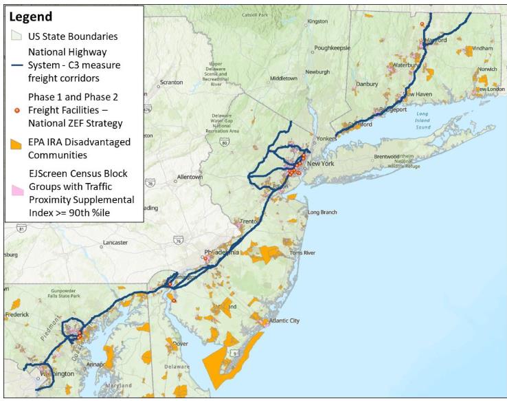 Map of I-95 Corridor indicating phases of truck electrification efforts