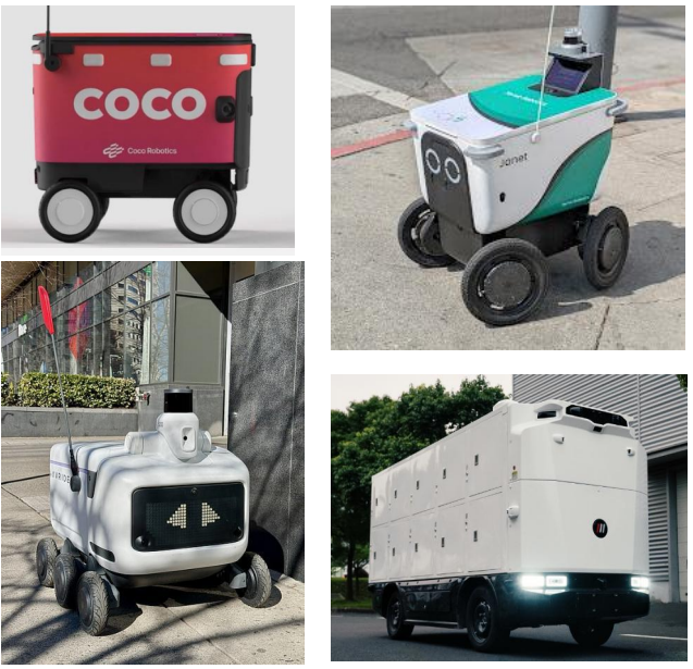 Four images of various sidewalk delivery robots