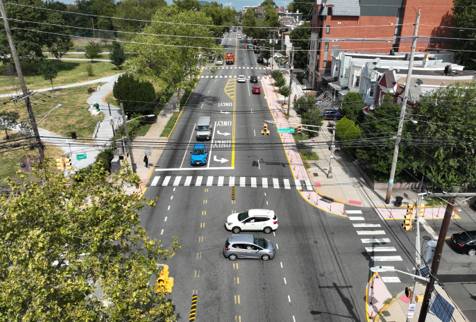 Aerial view of traffic safety improvements to intersection of Manhattan Avenue and JFK Boulevard in Jersey City