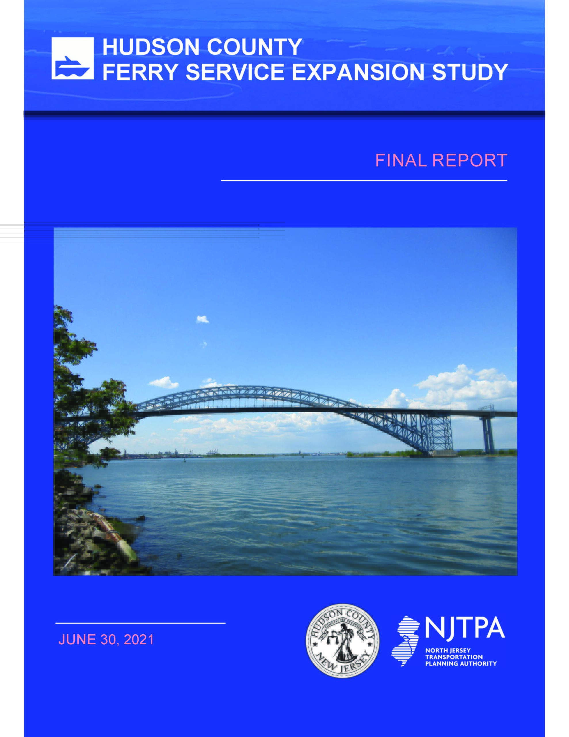 Cover of the Hudson County Ferry Service Expansion Study report showing a picture of the Bayonne Bridge with water in the foreground.