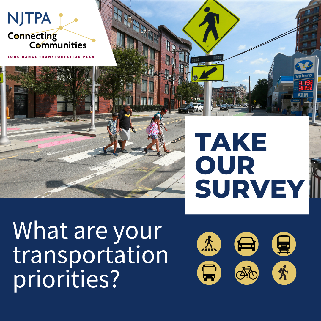 A graphic asking people to take the online survey. The photo shows a man and three children walking in a crosswalk.