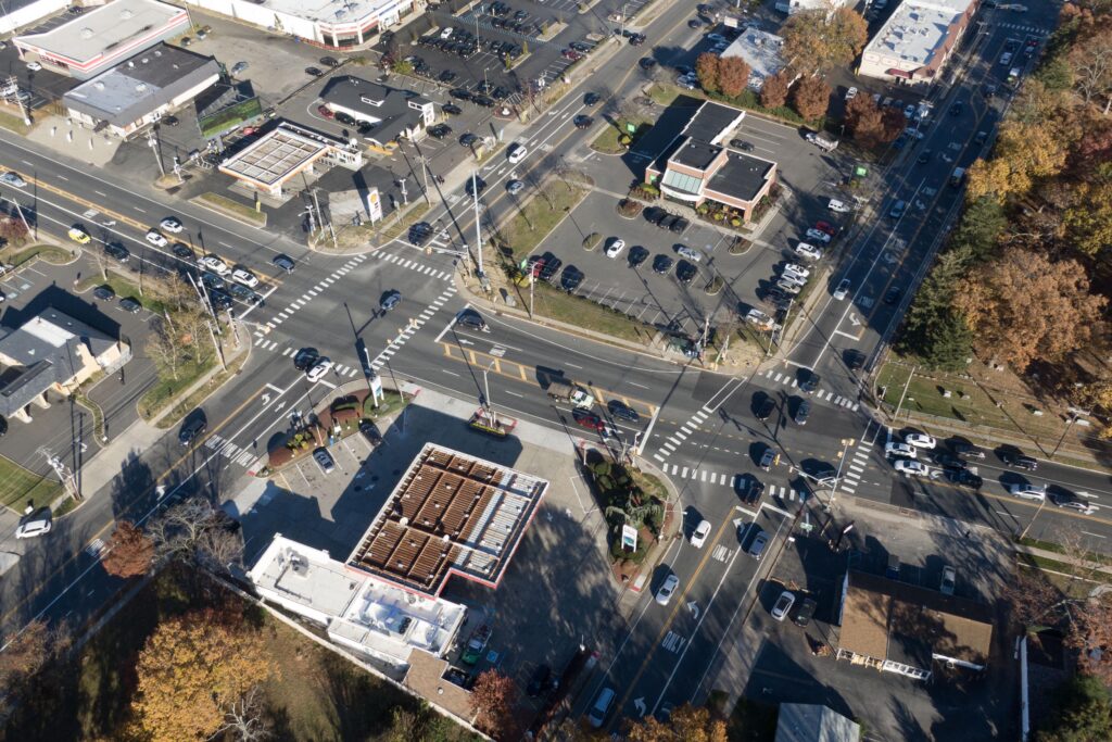 An aerial view of East County Line Road and Kennedy Boulevard in Lakewood, NJ.