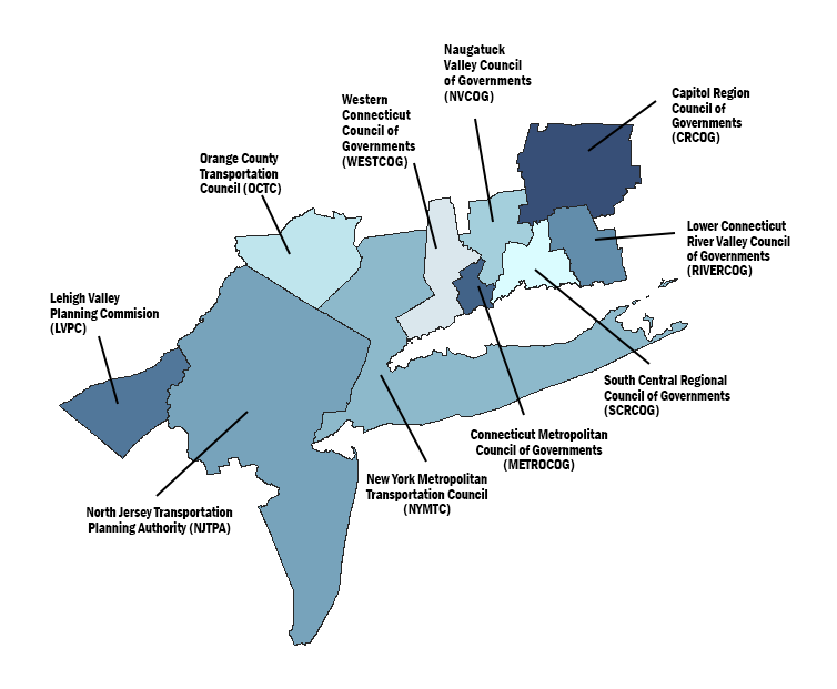 The 10 Metropolitan Planning Organizations (MPOs) from New Jersey, New York, Connecticut and Pennsylvania that make up MAP