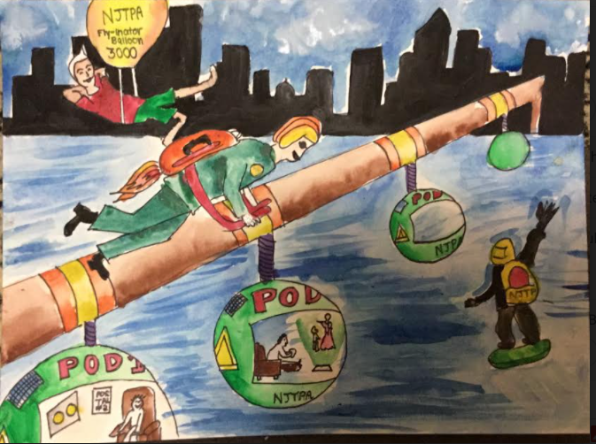 People travel by jet pack and pods in a drawing of what the future of transportation will look like.