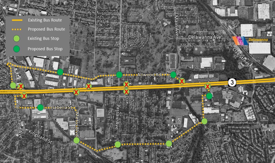 Map of proposed changes around Route 3 corridor bus stops
