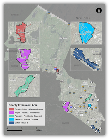 Map of 5 Priority Investment Areas identified in Passaic County