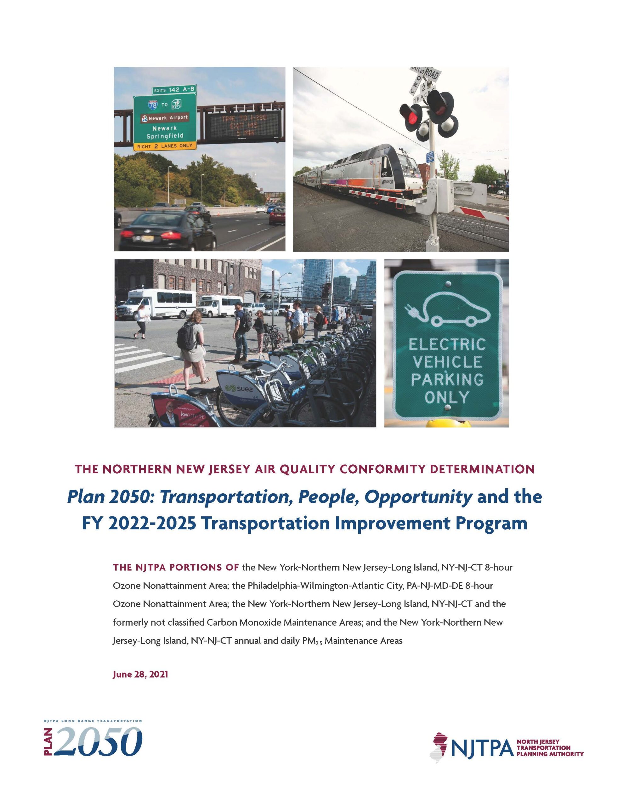 The cover of the Air Quality Conformity Determination report. Images include a car driving on a highway, a train, bikeshare bikes and an electric vehicle parking sign.
