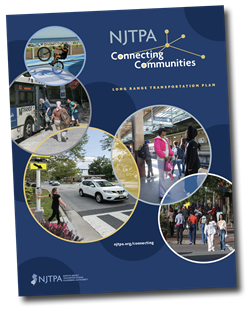 Cover of the Connecting Communities long range transportation plan. The cover is blue and displays pictures of different travel modes including walking, biking, driving and bus and train.
