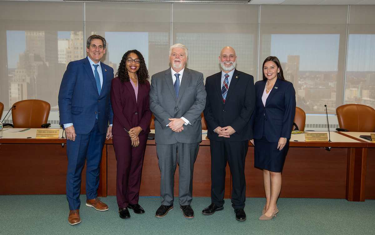 NJTPA Board Executive Committee, from left, Third Vice Chair Stephen Shaw, Second Vice Chair Michèle S. Delisfort, Chair Charles Kenny, First Vice Chair Jason Sarnoski, and Secretary Sara Sooy.