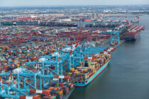 Aerial view from river of Newark-Elizabeth section of Port of New York and New Jersey.