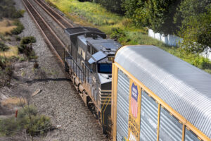 Engine of freight train travels through Clark, NJ.