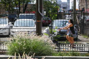 Woman pushes stroller past resilience garden on urban street corner.