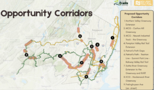 North Jersey Trails Network Initiative map of nine identified opportunity corridors with legend.