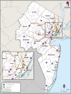 Map of New Jersey displaying locations of Flag Cities Festivals and Community Experiences for World Cup.