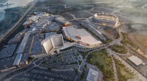 Aerial view of rendering of proposed Meadowlands convention center and events facility.