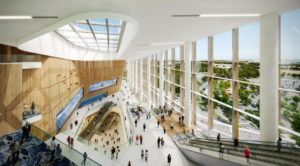 Rendering of grand NYC skyline view at proposed Meadowlands convention center and events facility.