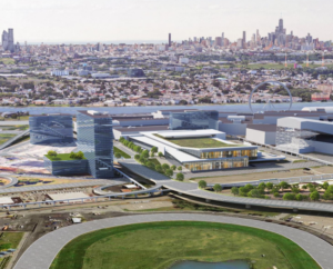 Rendering of proposed Meadowlands convention center and events facility with American Dream mall and NYC skyline in background.