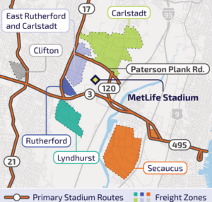 Map of MetLife Stadium vicinity with primary stadium routes and freight zones identified in legend.