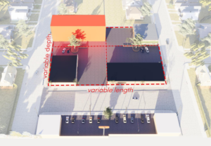 Rendering of a commercial strip lot with missing middle housing fourplex, highlighted in orange.