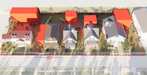 Rendering of a large suburban lot with missing middle housing highlighted in orange, including side by side duplex, ADU, and cottage court.
