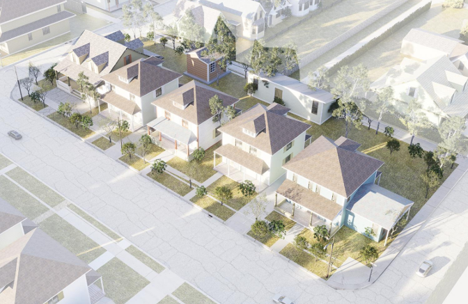 Rendering of a standard suburban lot with Accessible Dwelling Units implemented in the rear.