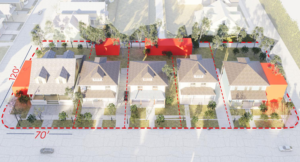 Rendering of suburban housing lot with Accessible Dwelling Units highlighted in red.