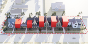 Rendering of a standard urban lot with stacked duplexes highlighted in orange.