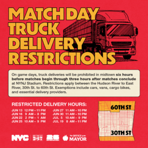 Graphic explaining Match Day truck delivery restrictions for Midtown Manahattan