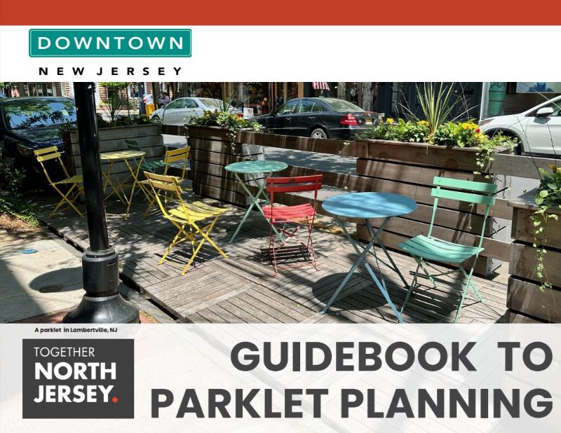 Cover of the Parklet Planning report, showing colorful chairs and tables set within a small park in road space