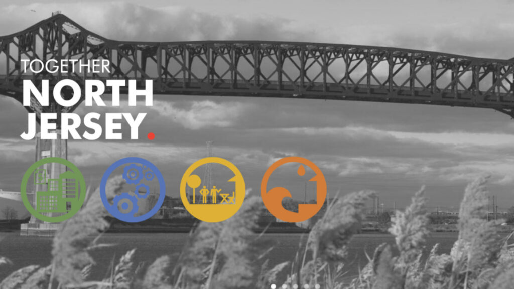 Together North Jersey logo superimposed over a black and white photograph of the Pulaski Skyway