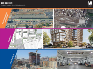 PowerPoint slide of Hoboken pre-development conditions, concept renderings and construction as part of NJ TRANSIT Transit-Oriented Development.