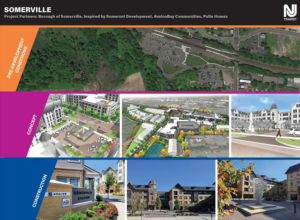 PowerPoint slide of Somerville pre-development conditions, concept renderings and construction as part of NJ TRANSIT Transit-Oriented Development.