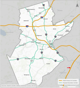 Map of Somerset County primary and proposed secondary electric vehicle corridors