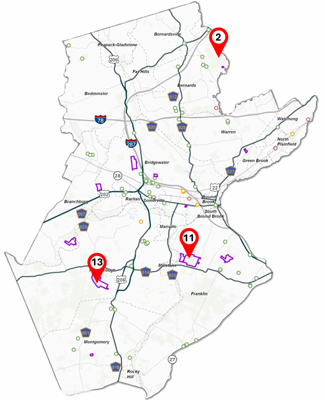 Map of Somerset County depicting priority locations for EV infrastructure on county property.