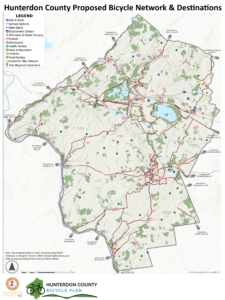 Hunterdon County Bicycle Plan map with proposed bicycle network and destinations.