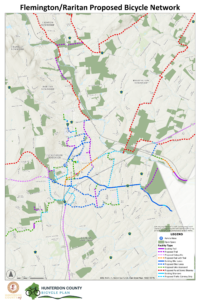 Map of proposed Flemington-Raritan bicycle network in Hunterdon County Bicycle Plan.